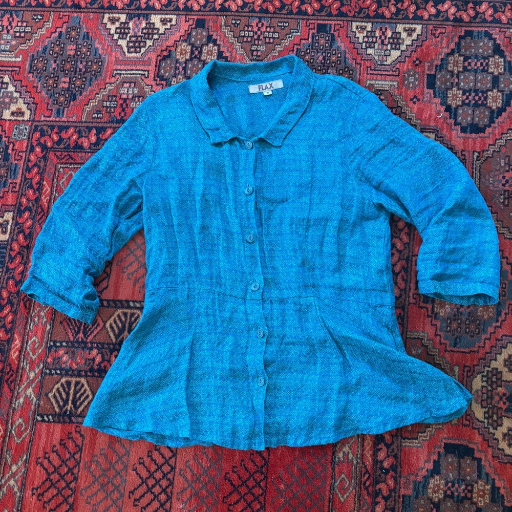 Flax Teal 100% Linen Textured Peplum Blouse